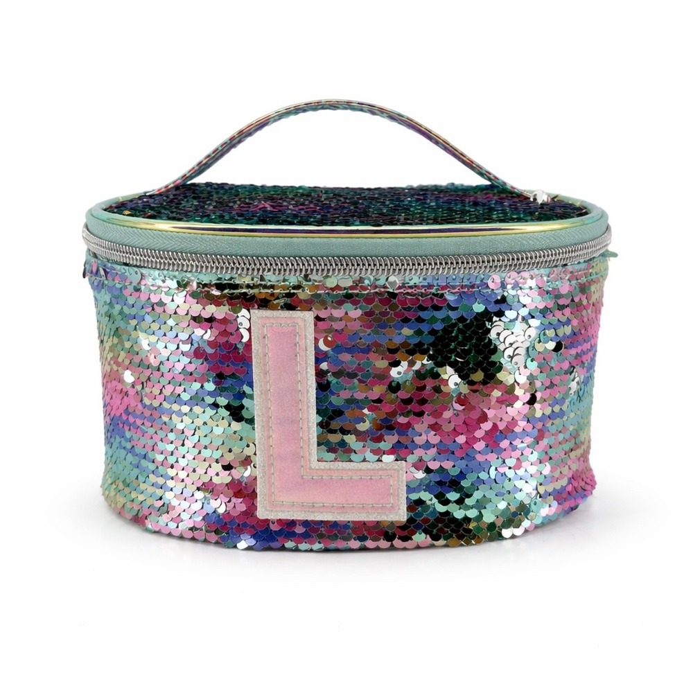 Justice Flip Sequin Initial L Train Case Multi Color Sequin Makeup Bag Mint Gree